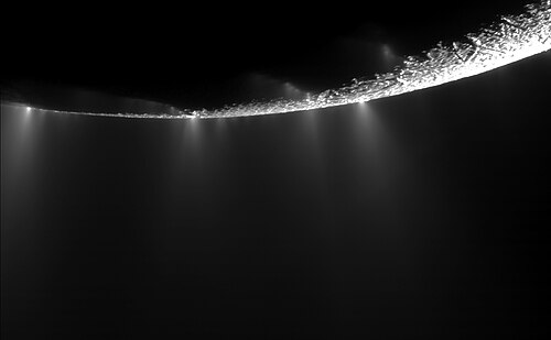 Fan-shaped plumes of dust erupt from an icy moon