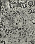 Mural of the Thousand-Armed and Thousand-Bowl Mañjuśrī in Cave 144 of the Mogao Grottoes in Dunhuang, China. Photographed by Paul Pelliot in 1908.