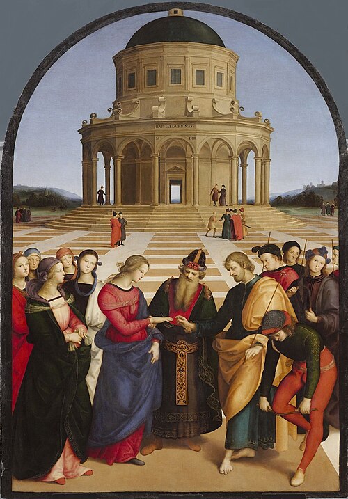 Oil painting. A Jewish priest stands centrally to join the hands of the Virgin Mary who approaches from the left, followed by maidens and St. Joseph who stands to the right. Behind Joseph are young men who have been unsuccessful in winning Mary's hand. Joseph carries a flowering branch. Behind them is an open square and circular temple, in perspective.