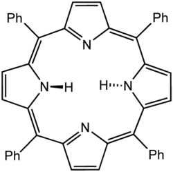Tetraphenylporphyrin (H2TPP)is another synthetic analogue of protoporphyrin IX. Unlike the natural porphyrin ligands, TPP2− is highly symmetrical. Another difference is that its methyne centers are occupied by phenyl groups.