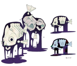 Two-dimensional concept artwork of skeletal-fish-like creatures, named Jelletons, covered in a black ink-like substance against a white backdrop