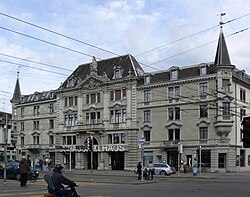 The Pfauen complex, a large stone building. Theatre is in the centre. Cafe used to be right of theatre
