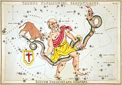 Ophiuchus holding the serpent, Serpens, as depicted in Urania's Mirror, a set of constellation cards published in London c. 1825. Above the tail of the serpent is the now-obsolete constellation Taurus Poniatovii while below it is Scutum.
