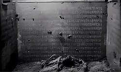 Interior of Cixi's inner coffin as photographed by the post-1928 looting investigation, displaying engraved excerpts from the Amitābha and Amitāyus Sutras