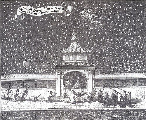 King Narai observing a lunar eclipse with French Jesuits in Lopburi, 1685.