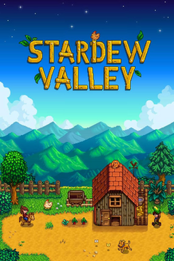 Front cover of the video game Stardew Valley showing two characters and multiple animals on a farm.