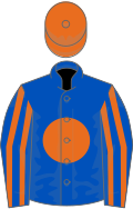 Royal blue, orange disc, striped sleeves, orange cap