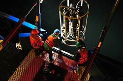 Researchers deploy a CTD-rosette at night.
