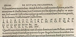 Shows a picture of a cipher with the English alphabet, missing the J, U, and W, but with 4 extra letters after the Z which appear as I, V, HI and HV.