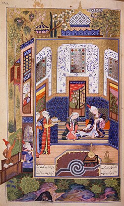 Bahram Gur in the White Pavilion, Khamsa of Nizami. Sultan Mohammed circa 1505, Tabriz (Topkapi H. 762).
