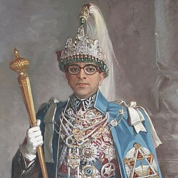 Mahendra Bir Bikram Shah wearing the modern form of the Shripech, c. 1955–1972.