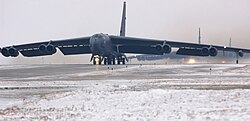 A B-52H Stratofortress taxis during an alert exercise at Minot Air Force Base during March 2006.