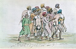 Another of Paton's illustrations, depicting thugs carrying the bodies of their strangled victims. According to Wagner, the manuscript these watercolours adorned was characterised by an "aggressively Evangelical zeal".