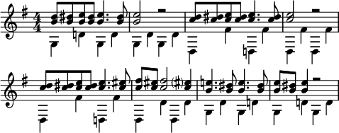 
\header { tagline = ##f }
\paper { paper-width = 140\mm }

global = { \key g \major \numericTimeSignature \time 4/4 }

upper = \relative c'' { \global
  <d b>8 <dis b> <e b> <dis b> <e b>4. <dis b>8 | <e b>2 r2 |
  <d c>8 <dis c> <e c> <dis c> <e c>4. <dis c>8 | <e c>2 r2 |
  <d c>8 <dis c> <e c> <dis c> <e c>4. <eis c>8 | <fis c> <eis c> <fis c>2 <eis? c>4 |
  <e! b>4. <dis b>8 <e b>4. <dis b>8 | <e b> <dis b> <e b>4 r2 |
}

lower = \relative c' { \global
  g4 d'! g, d' | g,4 d' g, d' | d, fis' d,! fis' | d, fis' d, fis' |
  d, fis' d,! fis' | d, d' d, d' | g, d' g, d'! | g, d'! g, d' |
}

\score { \new Staff \with { midiInstrument = "orchestral harp" }
  << \upper \\ \lower >>
  \layout { indent = 0 \context { \Score \remove "Bar_number_engraver" } }
  \midi { \tempo 4=112 }
}
