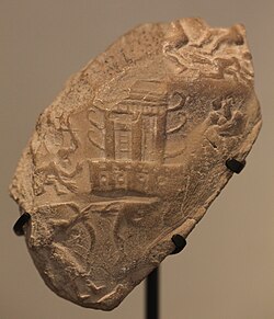 King-priest with bow fighting enemies, with horned temple in the center. Susa II or Uruk period (3800–3100 BC), found in excavations at Susa. Louvre Museum.[44][45]