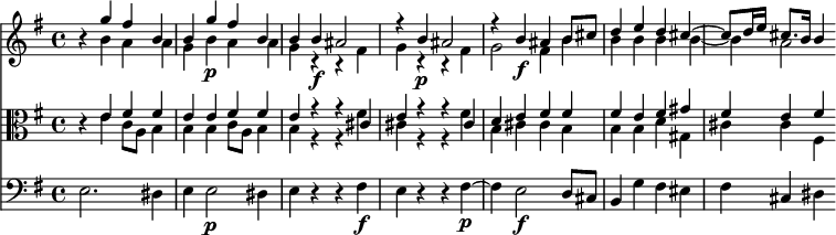 << <<
\new Staff { \clef treble \time 4/4 \key e \minor
\set Staff.midiInstrument = "violin" \set Score.tempoHideNote = ##t
\relative c'' {
r4 << { g'4 fis b, | b g'\p fis b, | b b\f ais2 | r4 b\p ais2 |
r4 b\f ais b8 cis | d4 e d cis~ | cis8 d16 e cis8. b16 b4 } \\
{ \omit Voice.DynamicText
b4 a a | g b\p a a | g r r fis\f | g r r fis\p |
g2 fis4\f b | b b b b~ | b a2
\undo \omit Voice.DynamicText } >>
}
}
\new Staff { \clef alto \key e \minor
\set Staff.midiInstrument = "viola"
\relative c' {
\omit Staff.DynamicText
r4 << { e fis fis | e e\p fis fis | e r r cis\f | e r r cis\p |
d e\f fis fis | fis e fis gis | fis e fis } \\
{ e4 c8 a b4 | b b\p c8 a b4 | b r r fis'\f | cis r r fis\p |
b,cis\f cis b | b b d gis, | cis cis fis, } >>
\undo \omit Staff.DynamicText
}
}
\new Staff { \clef bass \key e \minor
\set Staff.midiInstrument = "cello"
\relative c {
e2. dis4 | e4 e2\p dis4 | e r r fis\f | e r r fis~\p |
fis e2\f d8 cis | b4 g' fis eis | fis cis dis
}
}
>> >>
\layout { indent = #0 }
\midi { \tempo 4 = 56 }
