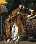 Augustine of Hippo holding a heart in his hand which is set alight by a ray emanating from divine Truth (Veritas), painting by Philippe de Champaigne, c. 1650