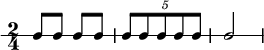 \new RhythmicStaff {
\clef percussion
\time 2/4
\set Score.tempoHideNote = ##t \tempo 4 = 100
c8 c c c
\tuplet 5/4 { c8 c c c c }
c2
}