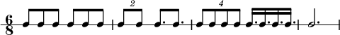 \new RhythmicStaff {
\clef percussion
\time 6/8
\set Score.tempoHideNote = ##t \tempo 4 = 100
c8 c c c c c
\tuplet 2/3 { c8 c } c8. c
\tuplet 4/3 { c8 c c c } c16. c c c
c2.
}