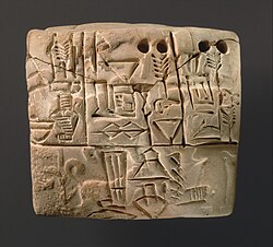 A proto-cuneiform tablet, Jemdet Nasr period, c. 3100–2900 BC. A dog on a leash is visible in the background of the lower panel.[26]
