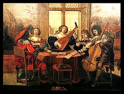 Painting by Abraham Bosse, Musical Society, French, c. 1635. The subject matter depicts amateur social music making, featuring a lute, bass viol, and singers, with part books spread around the table. This is also representative of one kind of broken consort, albeit with minimal instrumentation.