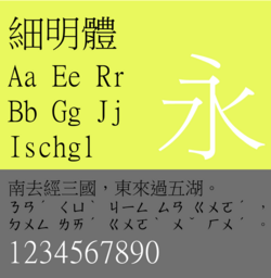 Sample of MingLiU (細明體), monospaced Latin characters.