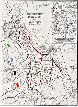 Diagram of the battle illustrating the positions for each of the Canadian Corps division and brigades. The map shows the westerly direction of the attack, up an over the topography of the ridge.