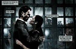 A man and a woman embrace each other. Speech bubbles are seen around them.