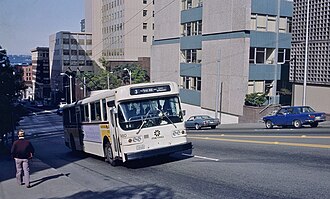 A trolleybus climbing an 18% grade in Seattle