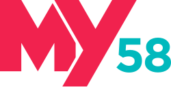Pink stylized unicase letters "MY", with the top left of the Y cutting off the upper right of the M, next to a small, turquoise-colored 58 in a sans serif