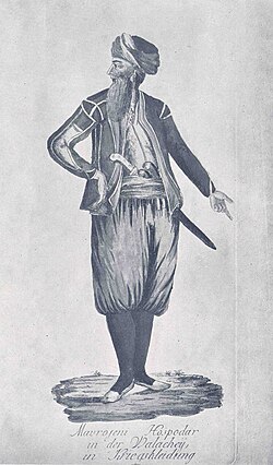 German engraving titled Mavrojeni Hospodar in der Walacheij, in Kriegskleidung
