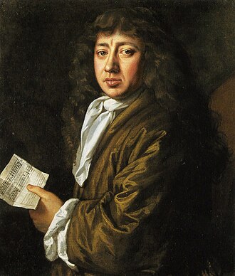 A painting of a man with a composed expression wearing a large, dark, long-haired wig.