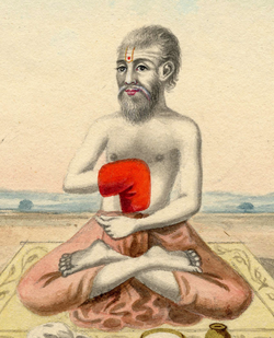 Painting of a bearded man sitting in the lotus position