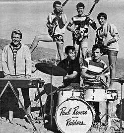 Paul Revere and the Raiders in 1966, Front L–R: Paul Revere, Dick Clark and Mike Smith. Back L–R: Drake Levin, Phil Volk, and Mark Lindsay.