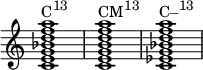 
{
\override Score.TimeSignature #'stencil = ##f
\relative c' {
   \clef treble
   \time 4/4
   \key c \major
   <c e g bes d f a>1^\markup { \concat { "C" \raise #1 \small "13" } }
   <c e g b d f a>^\markup { \concat { "CM" \raise #1 \small "13" } }
   <c ees g bes d f a>^\markup { \concat { "C–" \raise #1 \small "13" } }
} }
