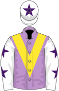 Mauve, yellow chevron, white sleeves, purple stars, white cap, purple star