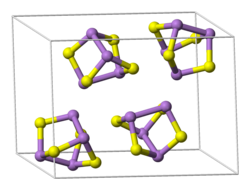 The unit cell of realgar, showing clearly the As4S4 molecules it contains