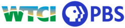The letters WTCI, containing a green curved area as well as a light blue to yellow gradient, reminiscent of a sunrise or sunset over hills, next to the PBS network logo in blue.