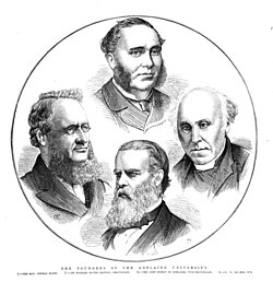 An illustration of the founders of the University of Adelaide from an 1875 engraving.