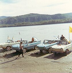 Four Amphicars on the bank of the Yukon River at Coffee Creek. August 1967[14]