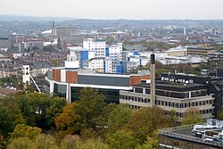 Aerial photograph of a modern university building