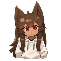The Anubis mascot drawn from the waist up, facing the viewer, stares with her head slightly tilted. She has large red eyes and only wears a white zipperless hoodie. The image has a sticker-like outline.