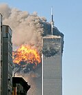2 World Trade Center (South Tower) immediately after being struck by United Airlines Flight 175, with its twin already burning, in the September 11 attacks