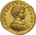 An aureus of Geta as caesar.