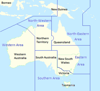 Map of Australia showing state borders, with RAAF area command boundaries superimposed
