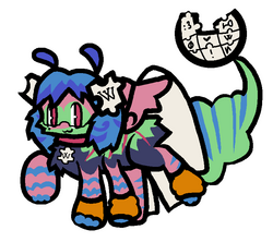 Drawing of a blue, pink, and green four-legged animal with wings and a tail, with additional Wikipedia motifs
