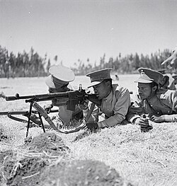 Black-and-white photograph of soldiers lying prone on the ground, aiming rifles.