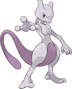 A large white and purple creature standing upright with its right arm outstretched towards viewer. It has a feline-shaped head, long purple tail and stomach, enlarged thighs, three fingers, and two toes.