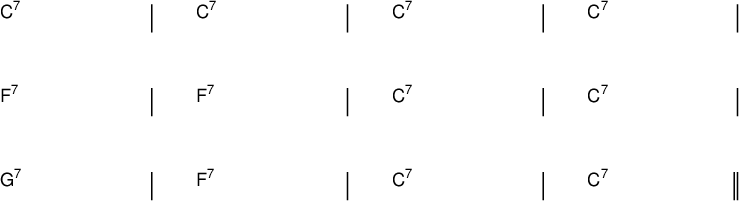 {
\new ChordNames \with {
\override BarLine #'bar-extent = #'(-2 . 2)
\consists "Bar_engraver"
}
\chordmode {
\override Score.BarNumber.break-visibility = ##(#f #f #f)
\set Score.tempoHideNote = ##t \tempo 1 = 50
c1:7 | c:7 | c:7 | c:7 | \break
f:7 | f:7 | c:7 | c:7 | \break
g:7 | f:7 | c:7 | c:7 \bar "||"
} }