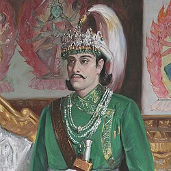 Rajendra Bikram Shah wearing an early form of the Shripech, first to feature the feather of the greater bird-of-paradise, c. 1816–1847.